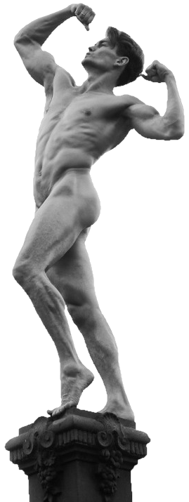 Klassische Akt-Studie im Stil antiker Skulpturen — Gendarm auf Säulenkapitell, Schwarz-Weiß-Fotografie