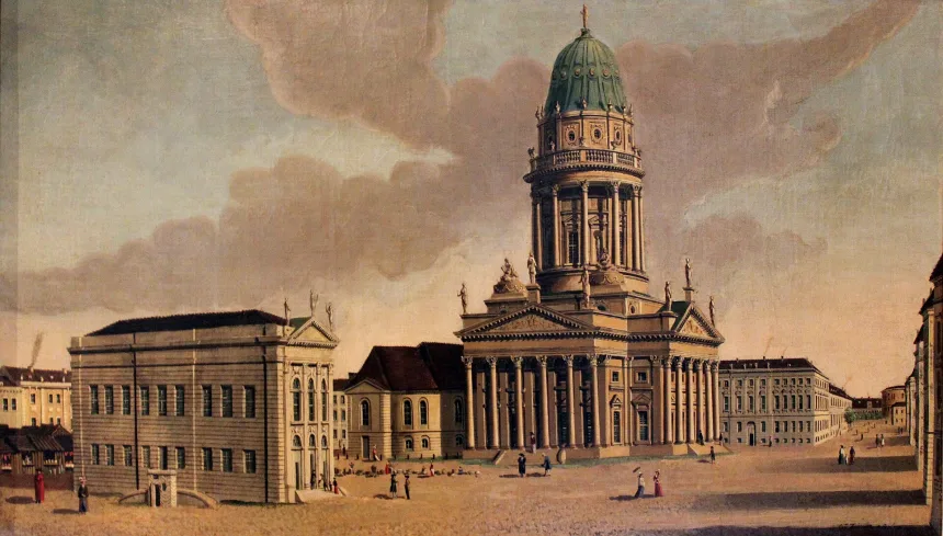 Carl Traugott Fechhelm: Gendarmenmarkt mit Französischem Komödienhaus und Französischem Dom, 1788